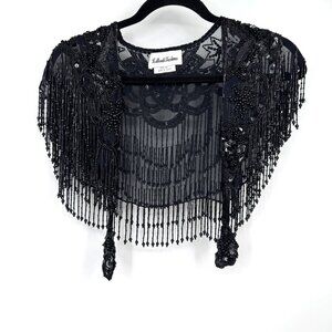 Vintage 20s flapper Style Shawl Capelet Collar Beaded Sequin Black Boho Floral t